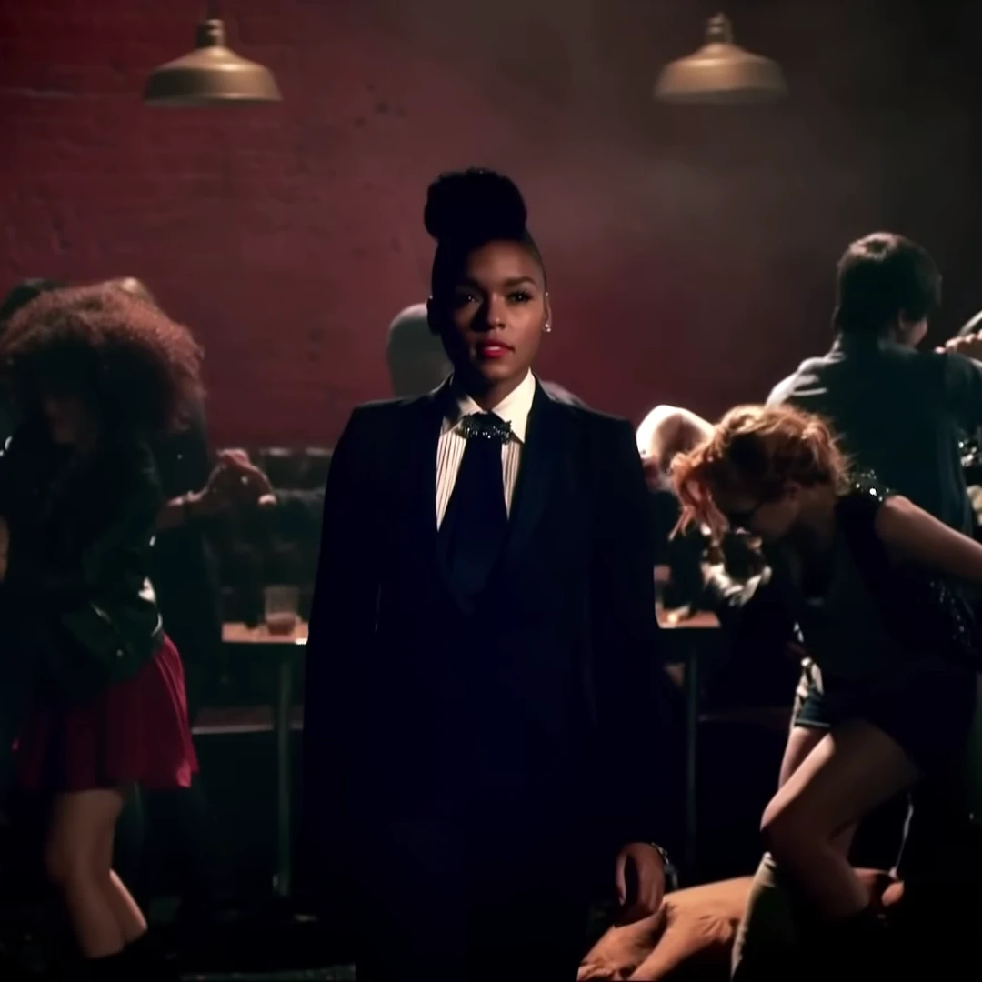 Tightrope, Janelle Monáe, club video clip, traje negro y corbata.webp