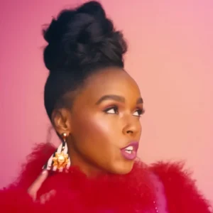 Janelle Monáe, red style, Face pose. webp