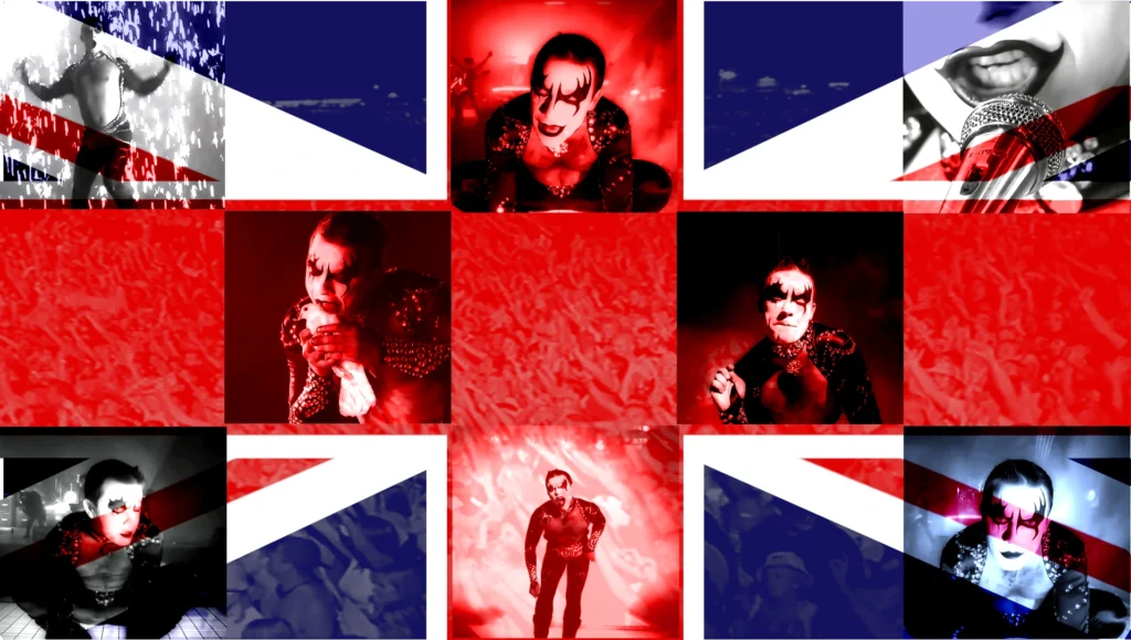 Imagen destacada de Feedcult sobre Robbie Williams y la Super Bowl. Un collage pop-art de la Union Jack con maquillaje de Gene Simmons (KISS), representando el choque de la cultura del espectáculo europea y americana.