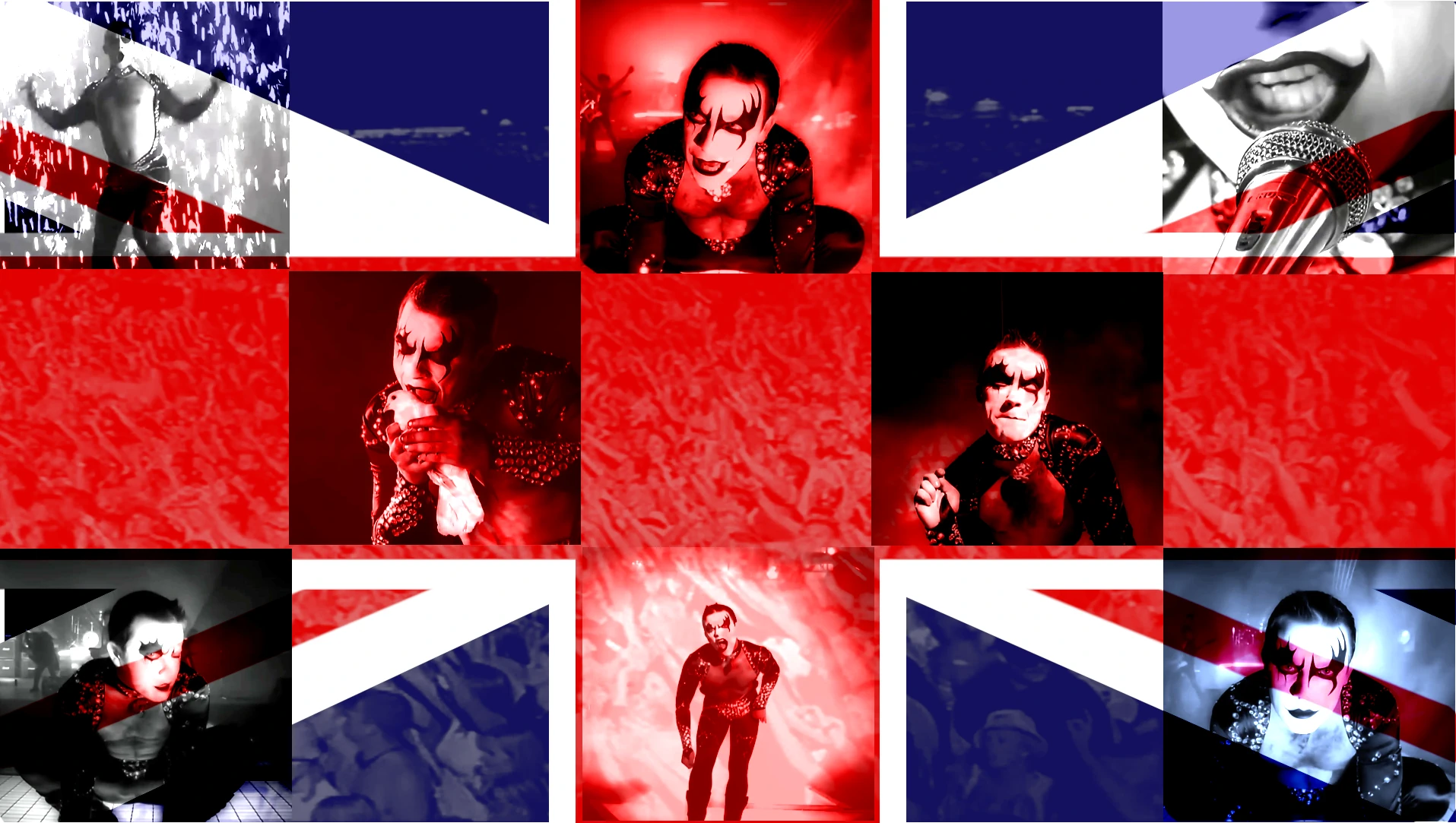 Imagen destacada de Feedcult sobre Robbie Williams y la Super Bowl. Un collage pop-art de la Union Jack con maquillaje de Gene Simmons (KISS), representando el choque de la cultura del espectáculo europea y americana.
